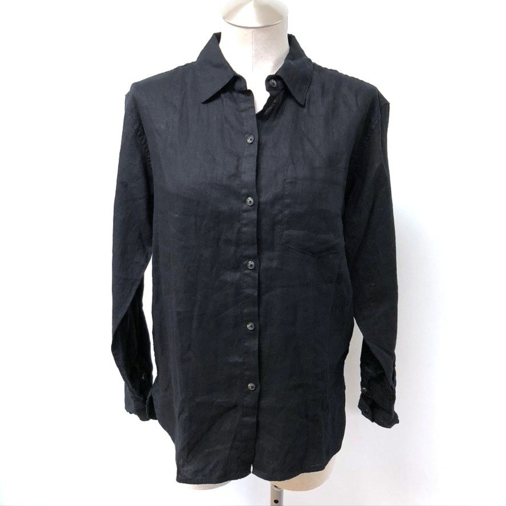 Athleta Button Down Shirt Womens XS Black 100% Linen Long‎ Sleeve Breezy